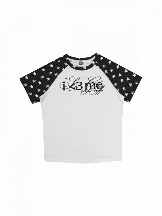 Gender-Neutral Star and Letter Print Short Sleeve Raglan Tee in Black and White - DETW OnLine