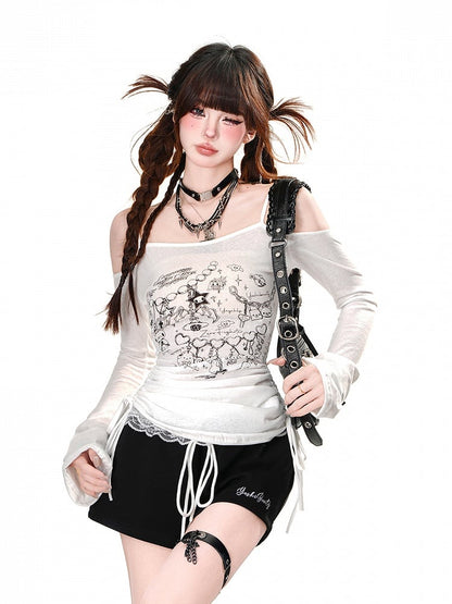 Graphic Top Drawstring Neckline Glamorous White Semi-Sheer Off-the-shoulder Waist