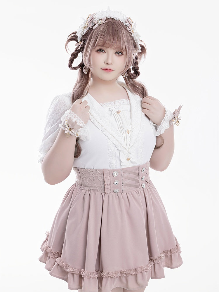 Bowknot Jirai Kei Matrosenkragen Weiße Verzierungen Kurzarmbluse Strass und Herzausschnitt