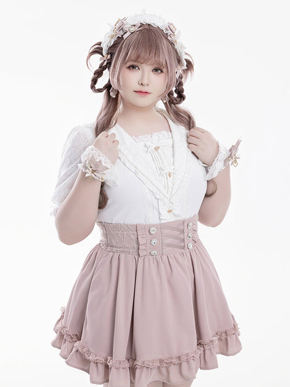 Bowknot Jirai Kei Matrosenkragen Weiße Verzierungen Kurzarmbluse Strass und Herzausschnitt