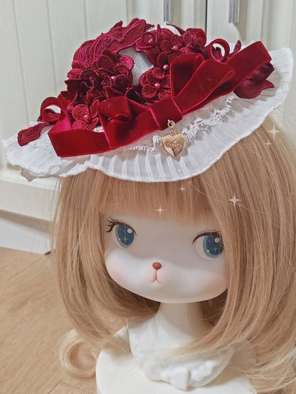 Wine Bowknot Mini Lolita Flower and Velvet Gorgeous Hat Red