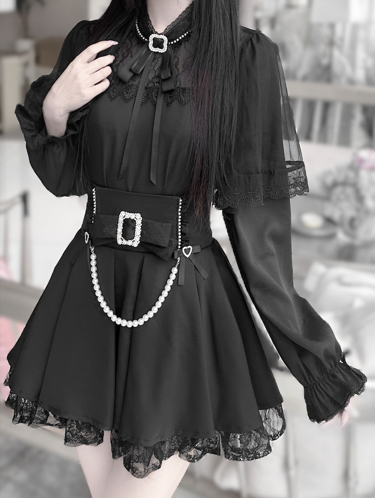 Top: Jirai Darkly Elegant Flowing Neckline Sleeves Cape Illusion Kei Black