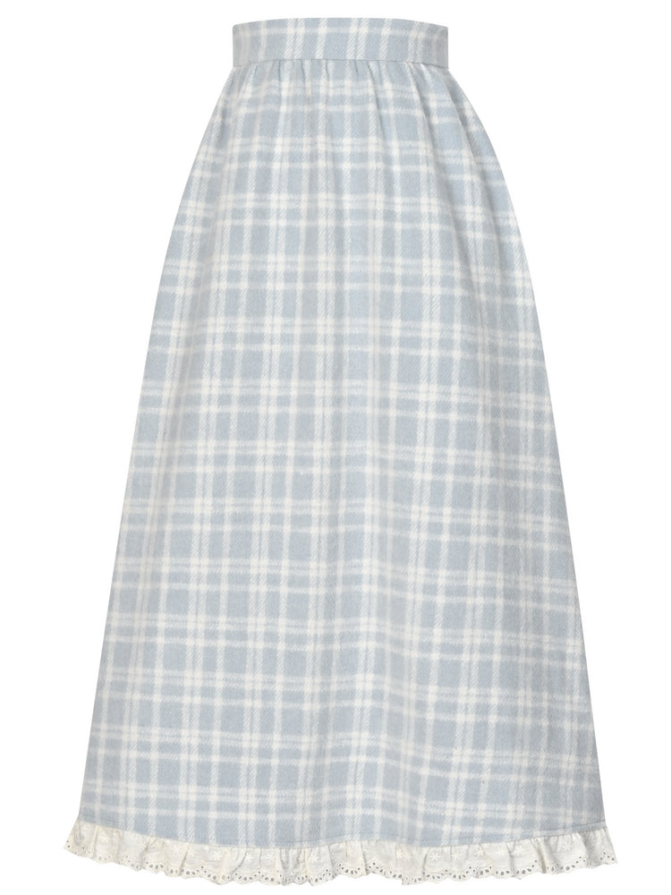 ブルーのチェック柄ハイウエストレーストリムミディスカート