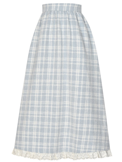 ブルーのチェック柄ハイウエストレーストリムミディスカート