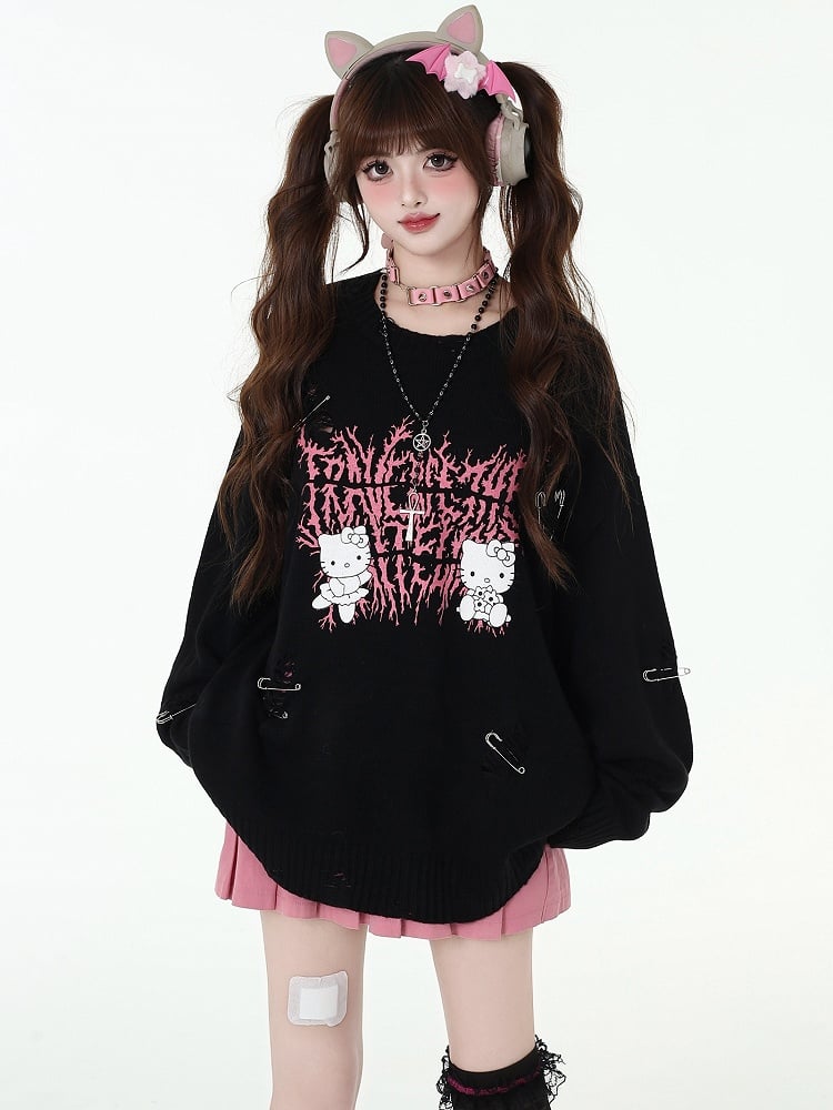 キティプリントのダメージ加工穴あきスイカ柄ルーズセーター