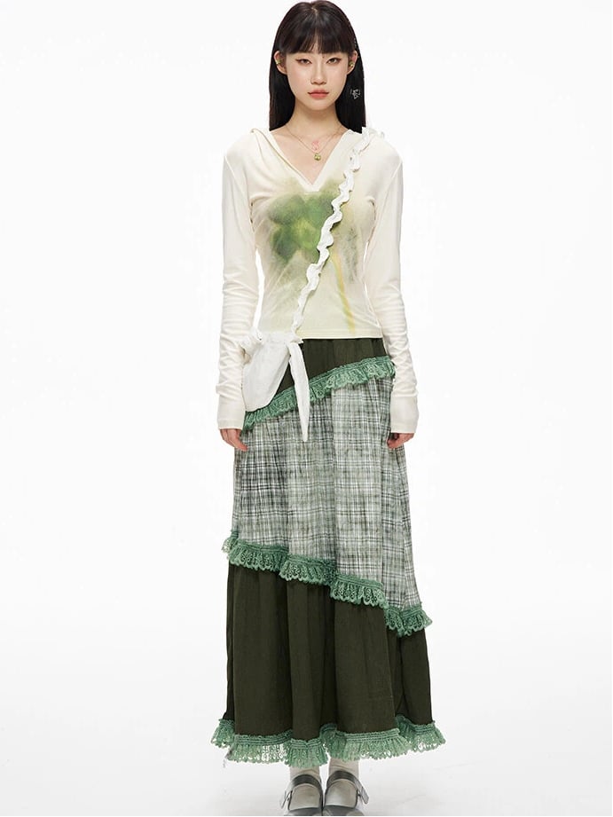 Serenity Patchwork Skirt Trim Lace Green Plaid with Sweety