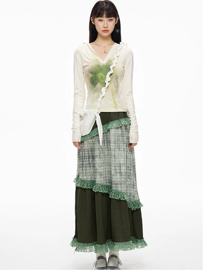 Serenity Patchwork Skirt Trim Lace Green Plaid with Sweety