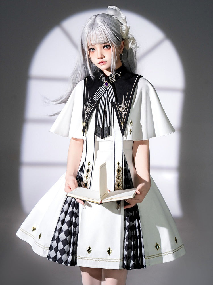 Gold Embroidered Checkered Lolita Dress Set with Cape, Self-Tie Belt & Detachable Collar - Xiong Dou Jiang