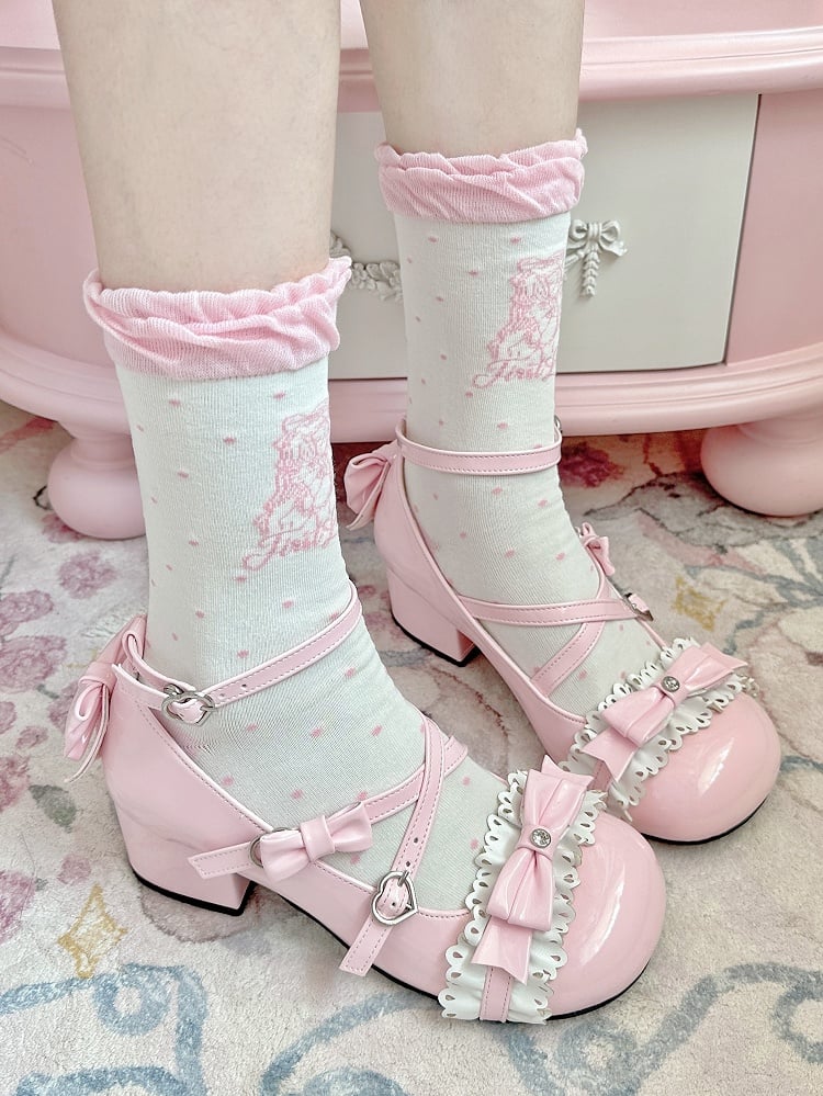 Socks Calf Girl Lolita Pattern Black/Pink Polka-dot Anime