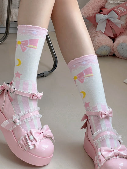 Pink Sweet Lolita Bowknot Star Moon Striped Pattern Calf Socks