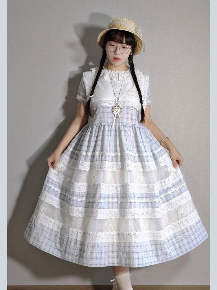 Blue and White Lolita Short-Sleeve Dress with Multi-Tiered Skirt & Floral Lace - Aurora Borealis
