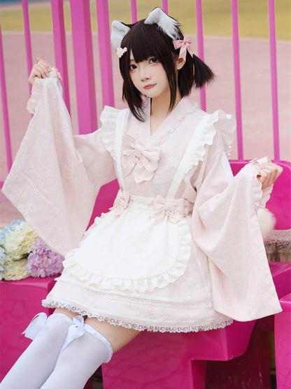 Wa Kei Pink Set-Bell Full Style Jirai Ärmel Blütenschürze Kleid + Flatteroutfit Festival Cherry