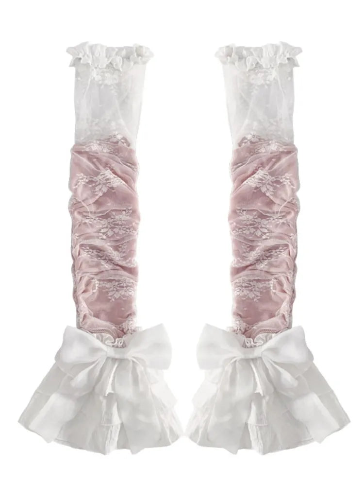 詳細 レースの袖、ティアード、ピンク/ブルー、レッグカフス、蝶結び