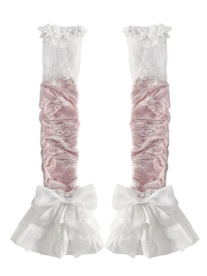詳細 レースの袖、ティアード、ピンク/ブルー、レッグカフス、蝶結び