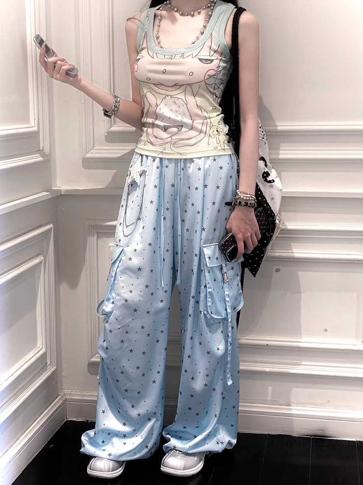 Allover Waist Blue Wide-leg Cargo Pants Star Print Drawstring