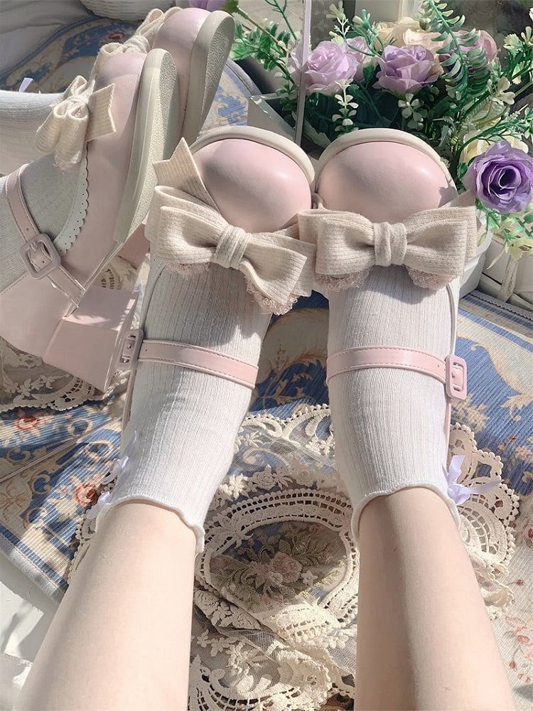 Pink Low/Mid Edge Mary Ear Light Bear Detachable Sweet - Scalloped Heel Bow Janes with Lolita