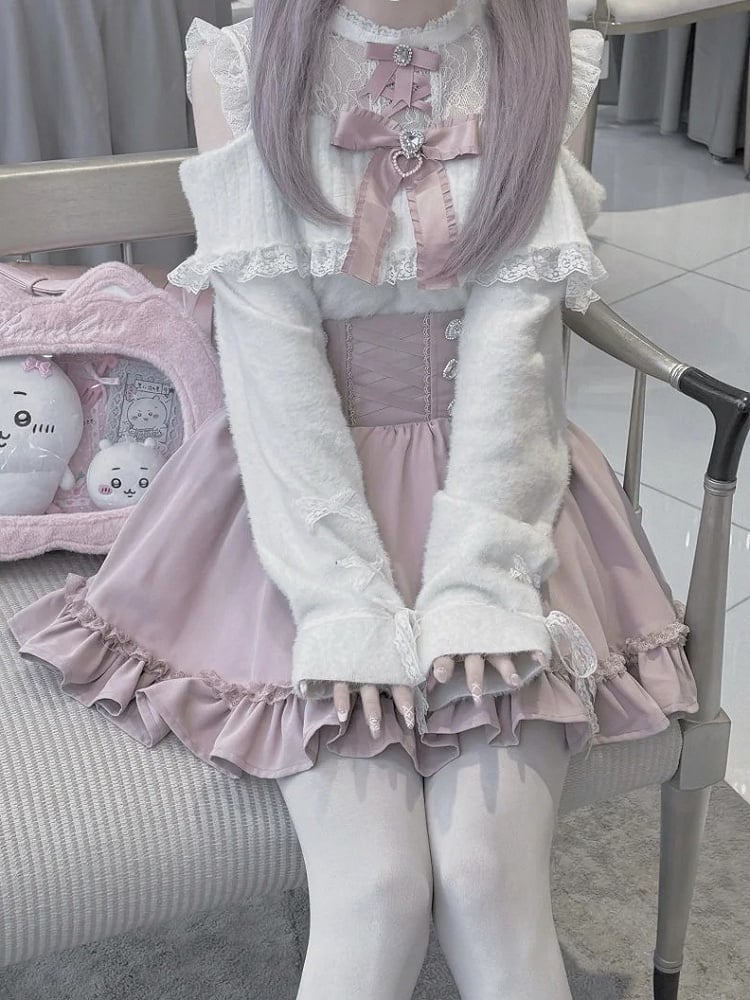 Jirai Kei Pullover im Landmine-Stil mit rosa und weißem Illusionsausschnitt und ausgeschnittenen Schultern