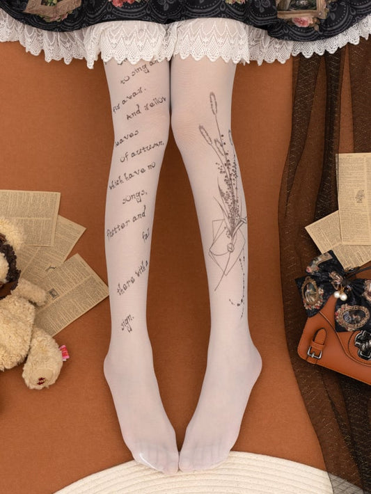 Elegante klassische Lolita-Strumpfhose mit Umschlag und Blumenmuster in Weiß/Schwarz