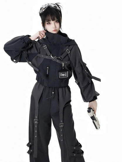 Black Buckle Straps Elastic Waist Cargo Pants