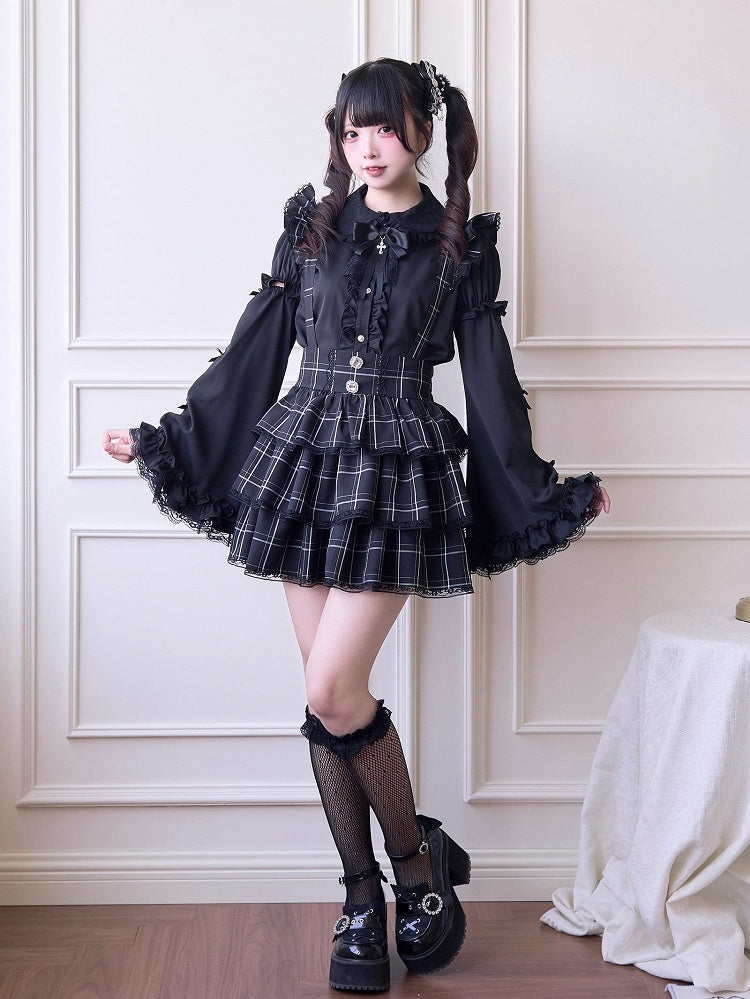Black White Plaid Overalls with Detachable Straps - No Genki