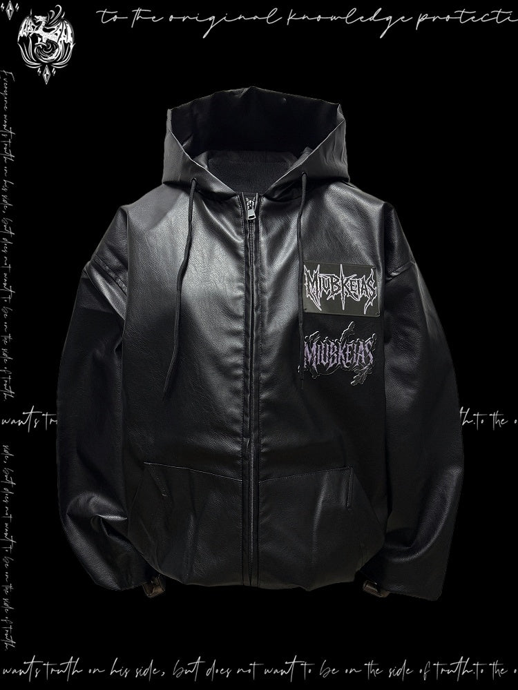 PU Hood Graphic Applique and Jacket Chic with Design Black Moto