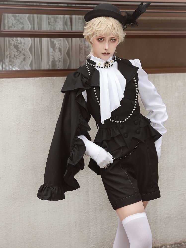 Collar Lapel Ouji Detail Waistcoat Ruffle Train Lolita Detachable Black with