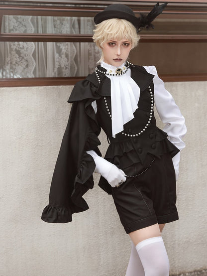 Collar Lapel Ouji Detail Waistcoat Ruffle Train Lolita Detachable Black with