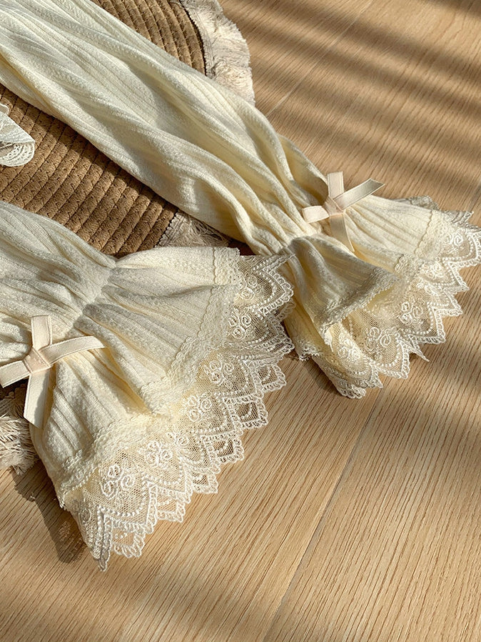 Cream Knit Top Spring/Autumn for Lolita Caidigan Trimmed Lace