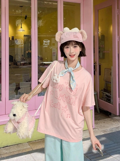 Pink/Mint T-shirt Kitty Plushie Round Neck Kitty Print Loose Blue with