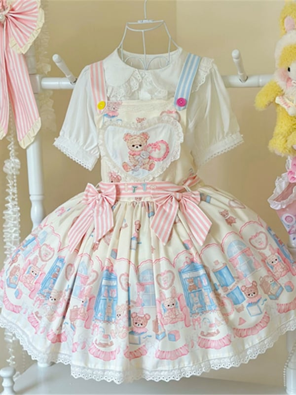 Overall Plüschhase Cremefarbener Lolita Weißer Kleiddruck und Spielzeug Süßer Teddy