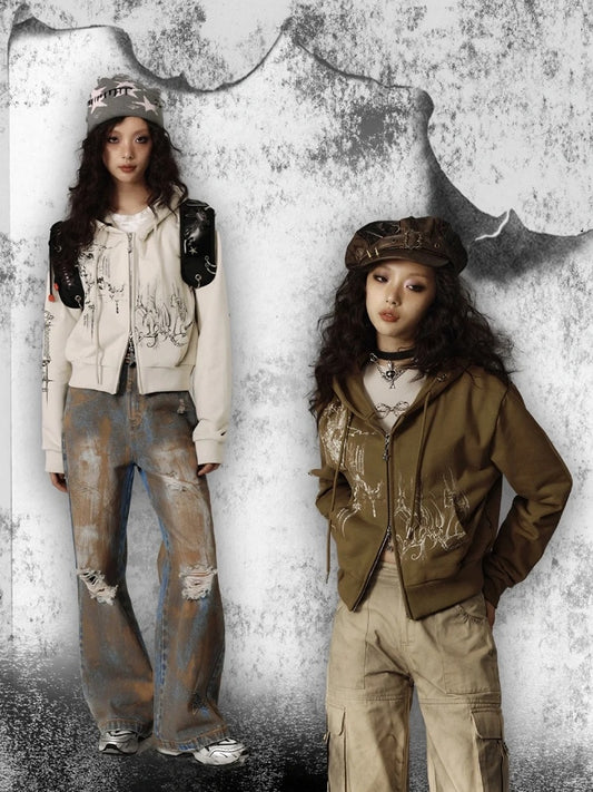 Zwei-Wege-Knopfleiste und Kordelzug Kapuze Leichte Reißverschluss-Kapuzenjacke mit Grün / Grau