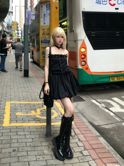 Rock Selbstbinden Strap Ausschnitt Glamouröses Trägerloses Kleid Schwarz Bubble