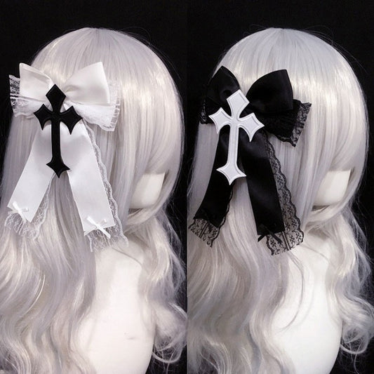 Cross Hairclip with Black/White Bow Lace Trim Decorated