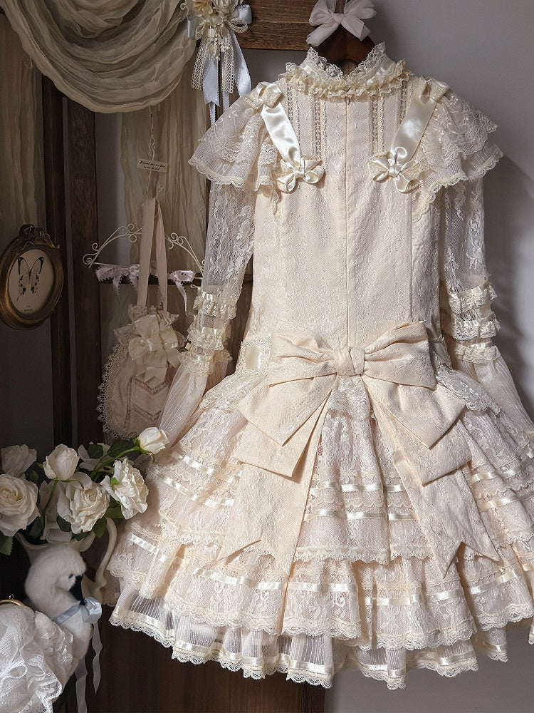 Retro Beige Lolita Lace Gown with Satin Ribbon Accents - Twin Bear Original Design