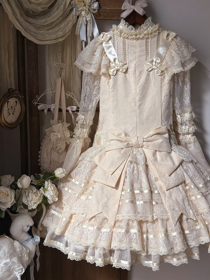 Retro Beige Lolita Lace Gown with Satin Ribbon Accents - Twin Bear Original Design