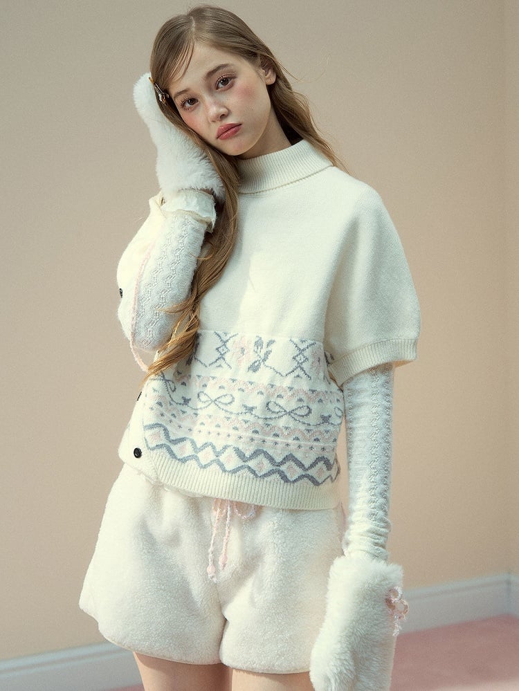 Pattern Short Beige Elegant Sleeve Vintage Asymmetrical with Sweater