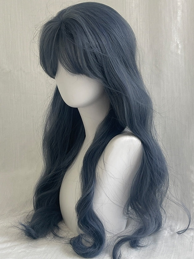 Staubig blaue, hüftlange, gewellte Perücke mit Air Bangs