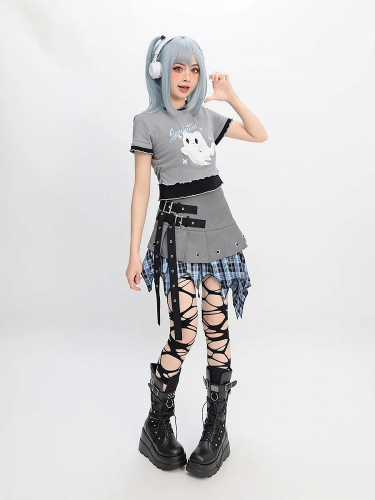 Blau karierter Taschentuchsaum Graue Schnalle Y2K Trägerrock