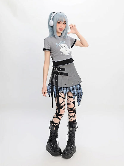 Blau karierter Taschentuchsaum Graue Schnalle Y2K Trägerrock