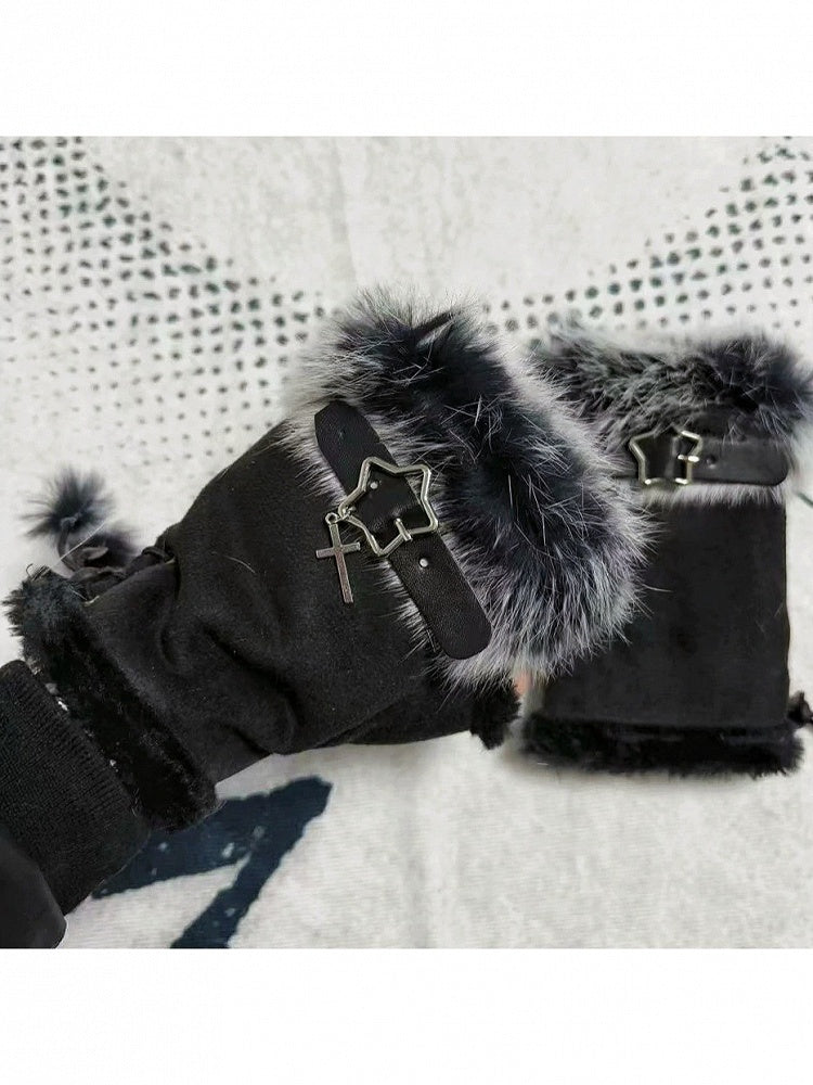 Plush Half-Finger Gloves with Metal Buckle - Post-2000 Gift Shop