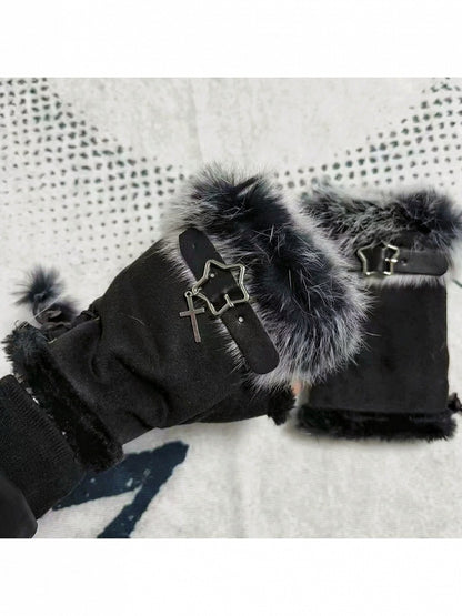 Plush Half-Finger Gloves with Metal Buckle - Post-2000 Gift Shop