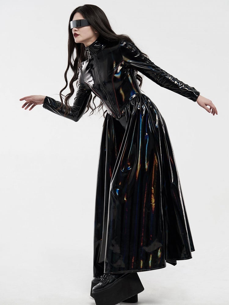 Black Rococo Long Bright Laser Cyber Coat