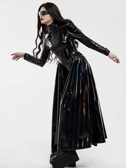 Black Rococo Long Bright Laser Cyber Coat