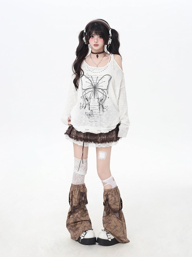 Trim Black/Beige Butterfly Print Cutout Shoulder Lace