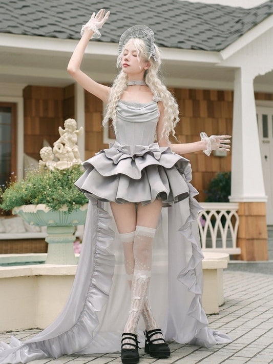 Cowl Spaghetti Kleid Elegante Taillenträger Entbeint Lolita JSK Set Voller Ausschnitt Grau