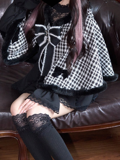 Plush Black White Plaid Cape Kei Kitty Ears Design Jirai Hood Bow Free Brooch with Trim