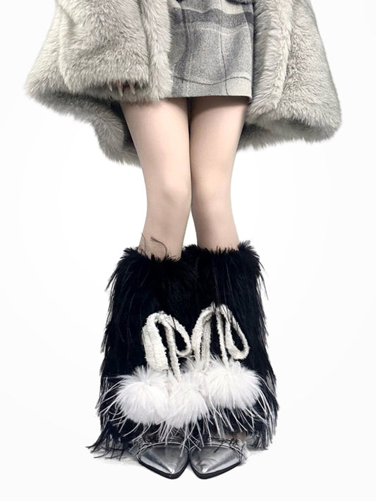 ブラック/ホワイト/パープル Y2K シャギー ボウノット レッグウォーマー ポンポン付き