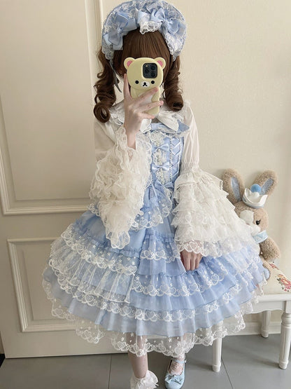 JSK Bow Sweet Fresh Blue Lace Princess with Dress Multi-Layer Details Trim Bead