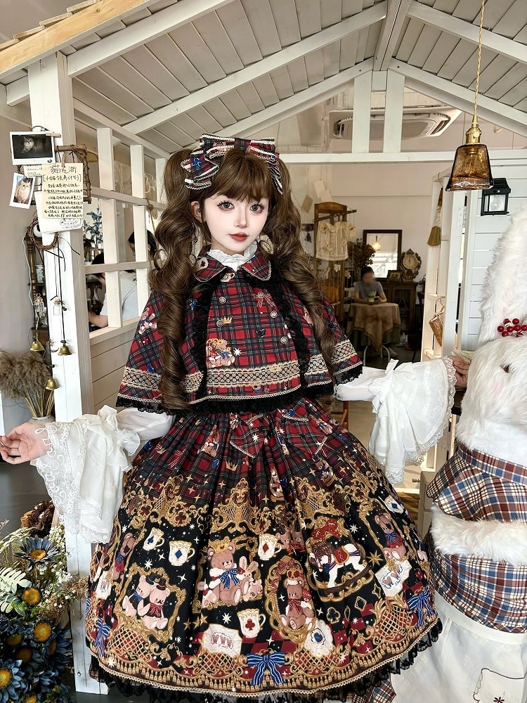 Plaid Trim Lace Lolita with Red Cape Black