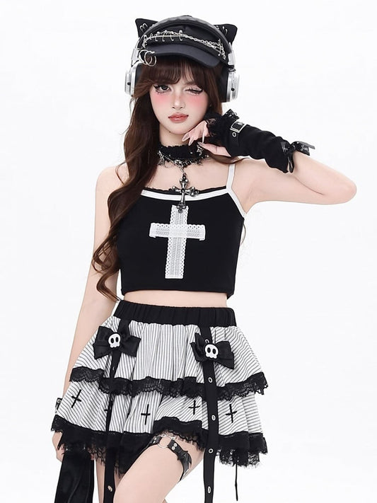 with Design Cami Top White Bittersweet Black Lace Cross Cropped